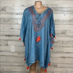 Fig & Vine Woman’s Embroidered Tassels Blue/Orange Tunic Size Medium Chambray